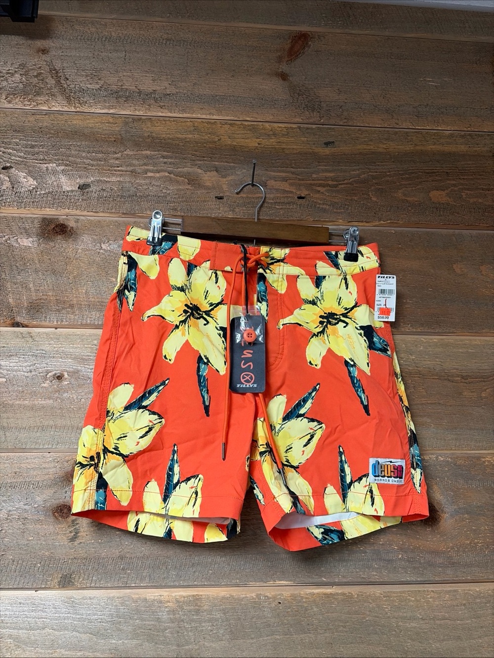 Deus Ex Machina Board Shorts Mens 28 Orange Tropical Leaf Print Surf Swim Trunks
